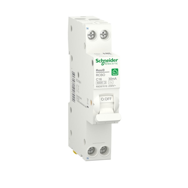 Компактный дифференциальный автоматический выключатель RESI9 Schneider Electric 16А, 30 мA, 1P+N, 6кA, кривая С, тип АС (R9D87616)