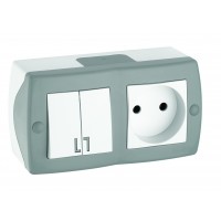 Выключатель двухклавишный + розетка без заземления, Mono Electric, OCTANS IP 20 (серый) (104-020001-182)