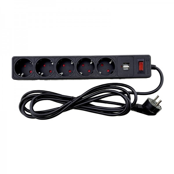 Мережевий фільтр 5+2usb гнізд із заземленням, 3 м , 2USB, захисні шторки Чорний (EH-NFBU-5.3)