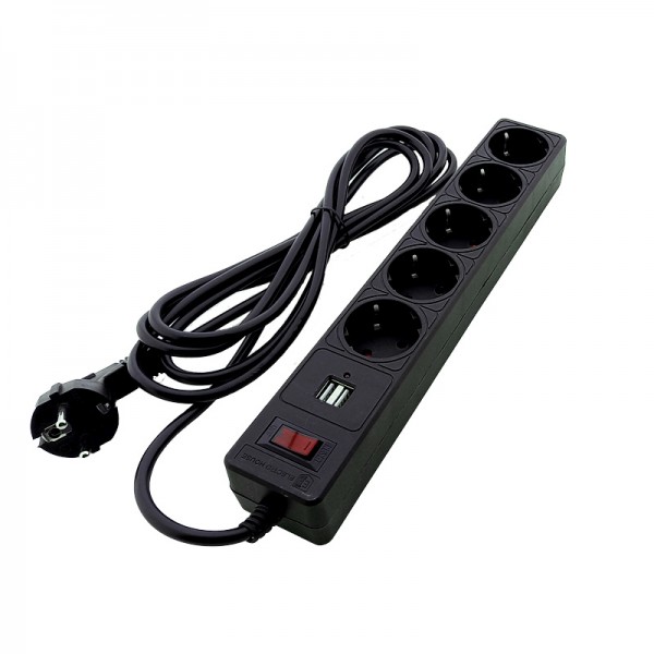 Мережевий фільтр 5+2usb гнізд із заземленням, 3 м , 2USB, захисні шторки Чорний (EH-NFBU-5.3)