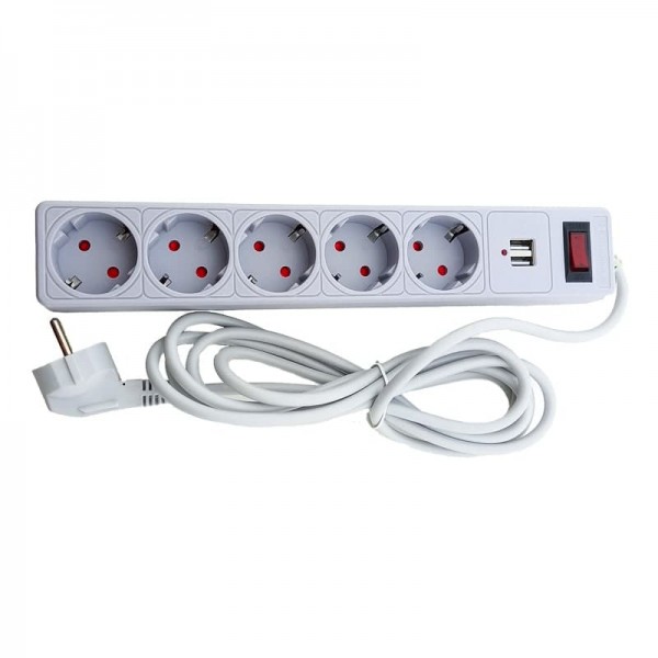 Мережевий фільтр 5 гнізд із заземленням, 3 м , 2USB, захисні шторки Сірий (EH-NFGU-5.3)