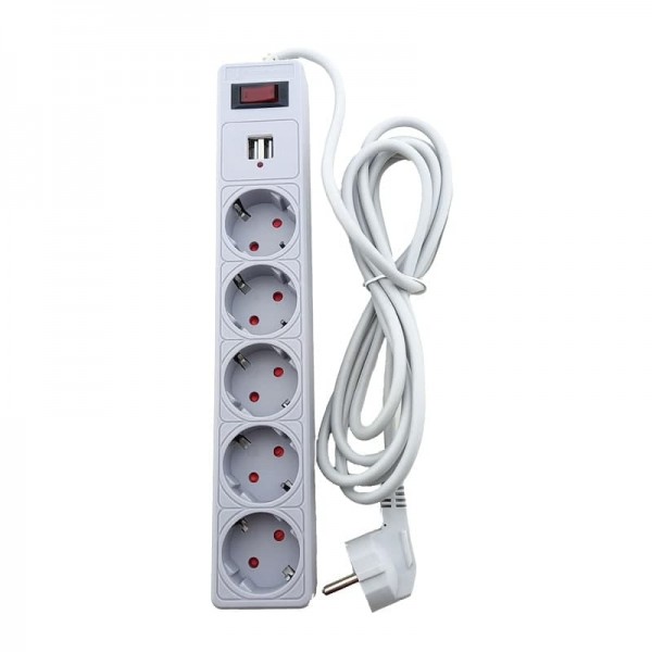 Мережевий фільтр 5 гнізд із заземленням, 3 м , 2USB, захисні шторки Сірий (EH-NFGU-5.3)