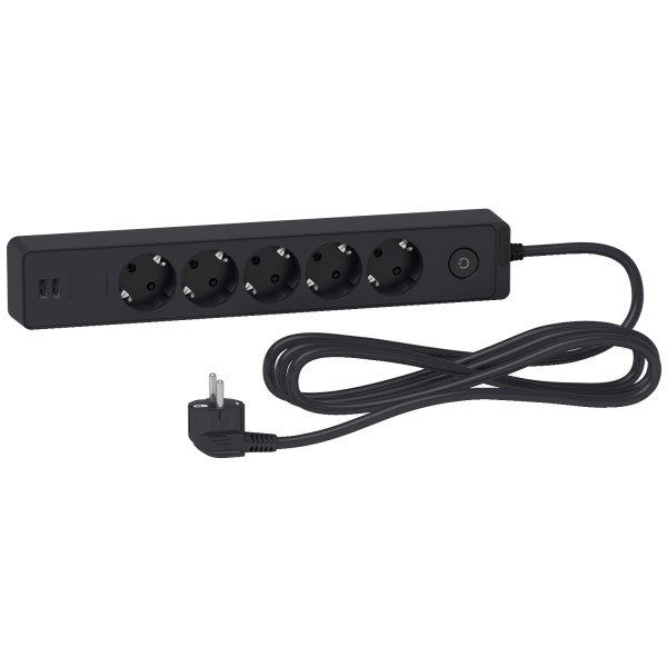 Удлинитель на 5 розеток с заземлением +2*USB черн. 3 м (ST945U3B)
