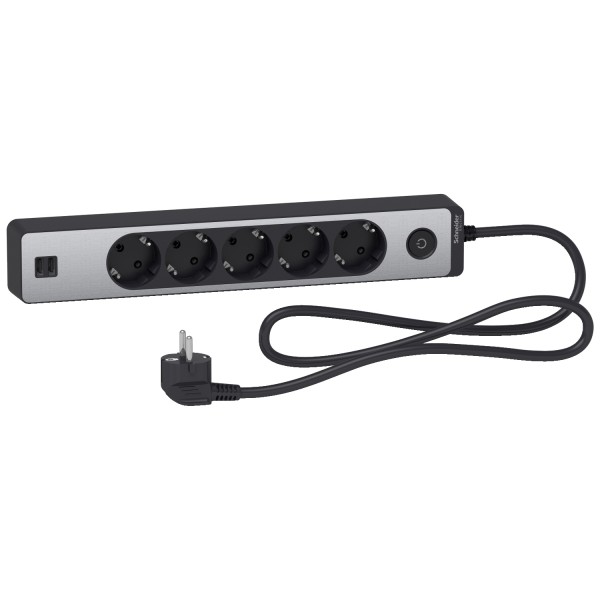 Удлинитель на 5 розеток с заземлением +2*USB алюм/черный 1.5м (ST945U1BA)