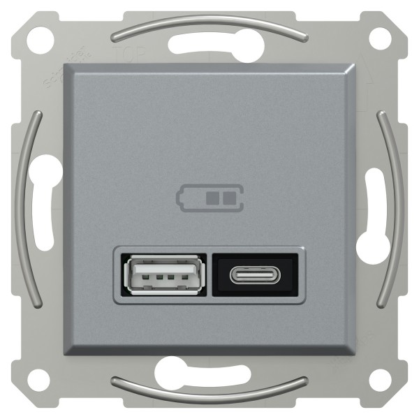 Подвійний зарядний пристрій USB, Asfora, тип A+C, 21 Вт, механізм з супортом, сталь (EPH2700562)