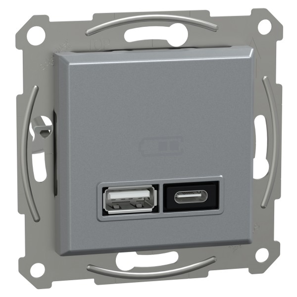 Подвійний зарядний пристрій USB, Asfora, тип A+C, 21 Вт, механізм з супортом, сталь (EPH2700562)