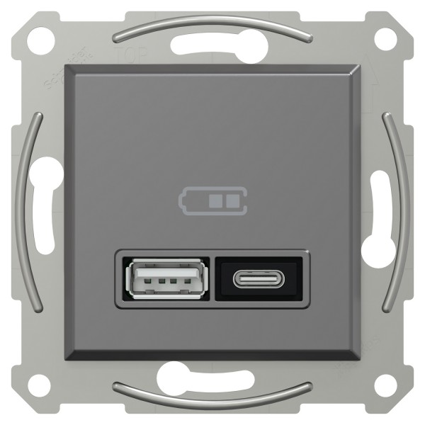 Двойное зарядное устройство для USB, Asfora, тип A+C, 21 Вт, механизм с суппортом, антрацит (EPH2700571)