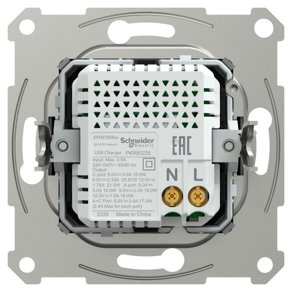 Двойное зарядное устройство для USB, Asfora, тип A+C, 21 Вт, механизм с суппортом, антрацит (EPH2700571)