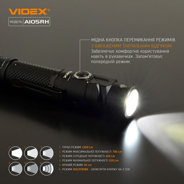 Портативный светодиодный фонарик VIDEX VLF-A105RH 1200Lm 5000K (VLF-A105RH)